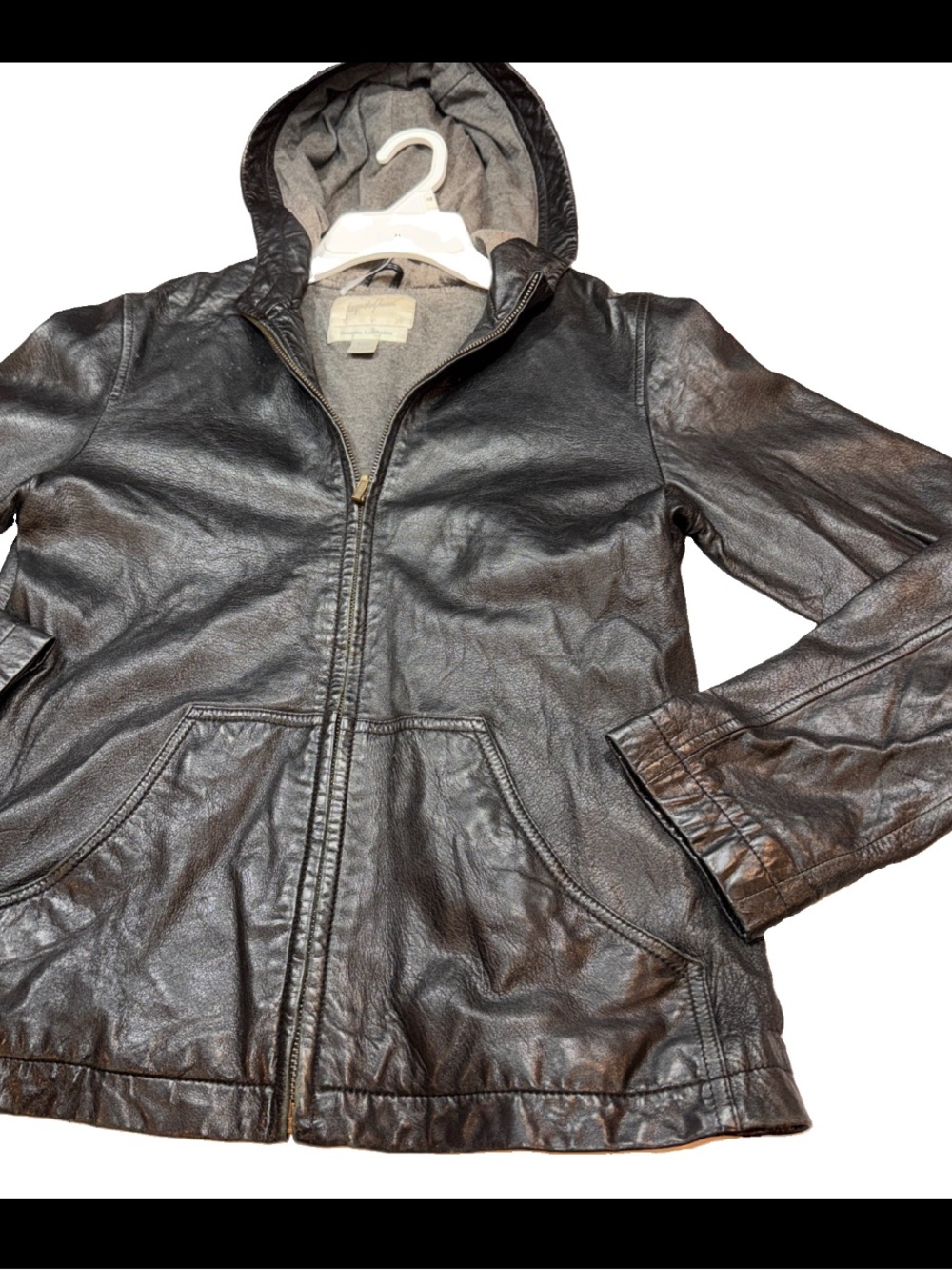 Jacqueline Ferrar Lamb Skin Black Leather Jacket Gray Hooded Zip Front Pockets S